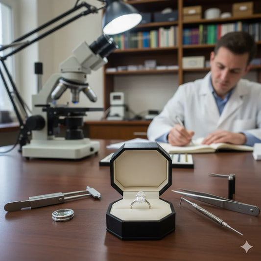 Anello solitario con diamante certificato in una scatola, posizionato su un tavolo in un laboratorio gemmologico con un microscopio e altri strumenti di analisi a Roma con Atelier Diamanti e Gioielli