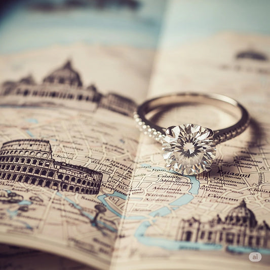 Anello con diamante su una mappa antica di Roma, che simboleggia la guida all'acquisto di diamanti di qualità nella capitale.