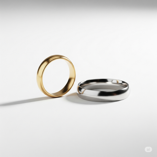 Primo piano di due eleganti fedi nuziali semplici, una in oro giallo e una in platino, su sfondo bianco, simbolo di amore eterno e impegno.