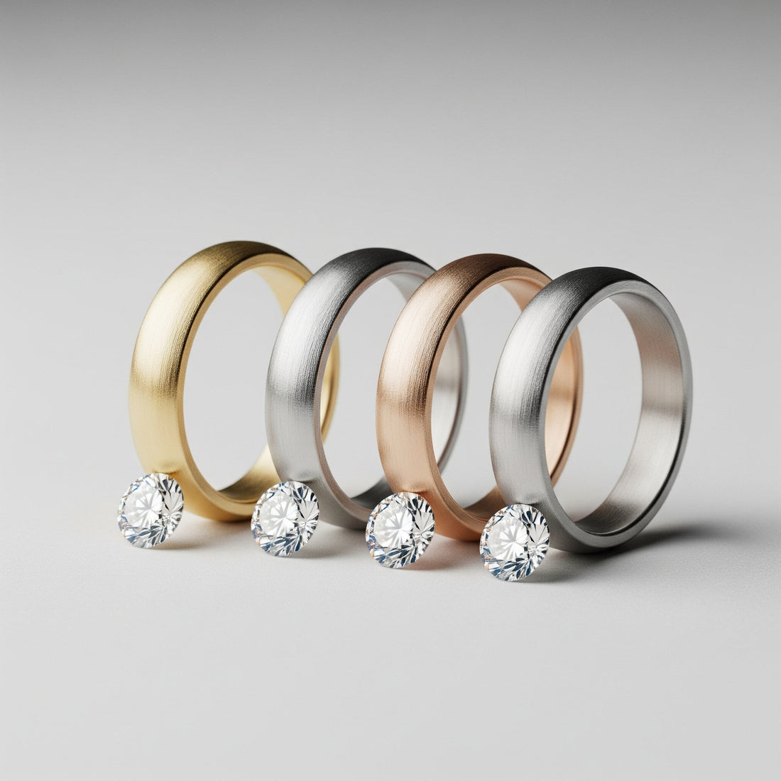 Vari campioni di metalli preziosi (oro giallo, oro bianco, oro rosa, platino) per gioielli con diamanti di Atelier Diamanti a Roma.