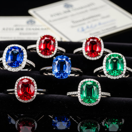Collezione di anelli con rubini rossi, zaffiri blu e smeraldi verdi certificati, esposti da Atelier Diamanti e Gioielli a Roma.