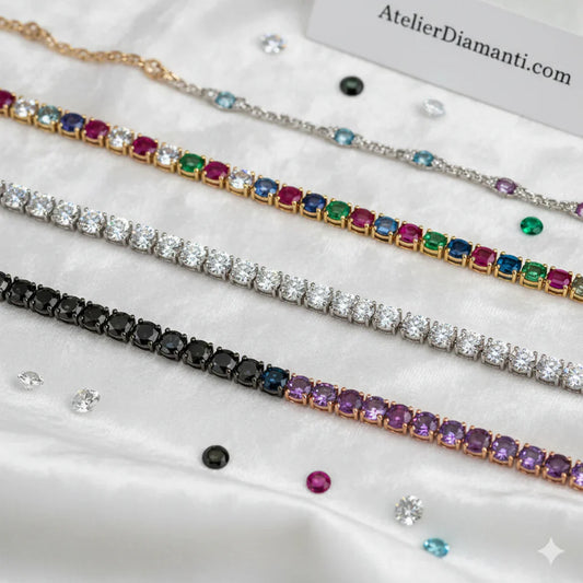 selezione di bracciali in oro di vari colori con pietre preziose naturali 