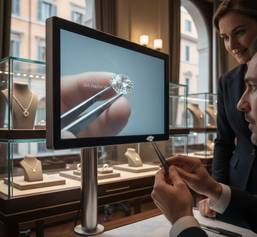 Verifica incisione laser diamante certificato GIA a Roma