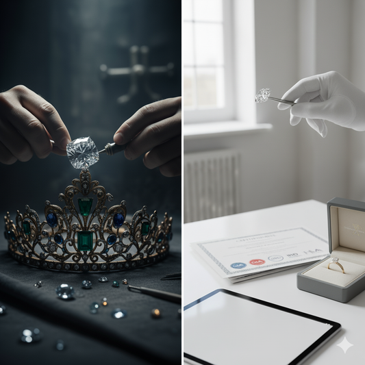 Collage: lavorazione diamante, corona rubata, certificato GIA/HRD e anello di fidanzamento. AtelierDiamanti.com offre diamanti certificati a Roma.