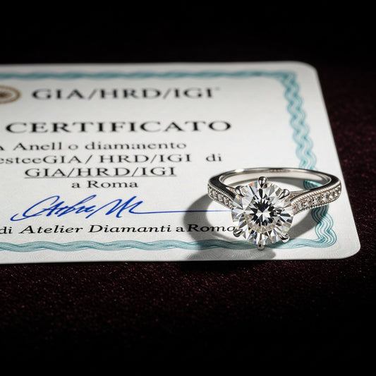 Anello di fidanzamento con diamante certificato GIA/HRD/IGI di Atelier Diamanti e Gioielli a Roma.