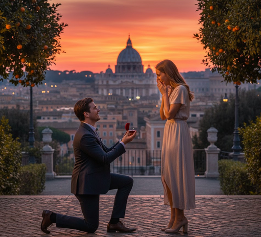 Proposta di matrimonio romantica a Roma al tramonto, uomo in ginocchio con anello di fidanzamento e donna sorpresa, con vista sulla Cupola di San Pietro.