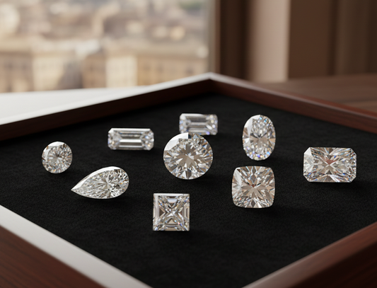 Selezione di anelli di fidanzamento con diamanti certificati di varie forme e carature su un vassoio elegante, con sfondo sfocato di Roma e un calendario di gennaio 2026.