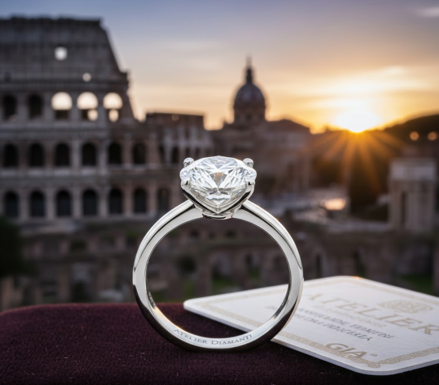Anello solitario in oro bianco con diamante certificato GIA, in primo piano su velluto bordeaux, con il Colosseo e i Fori Imperiali di Roma al tramonto sullo sfondo. È visibile il logo "Atelier Diamanti" sull'anello e sulla certificazione GIA.