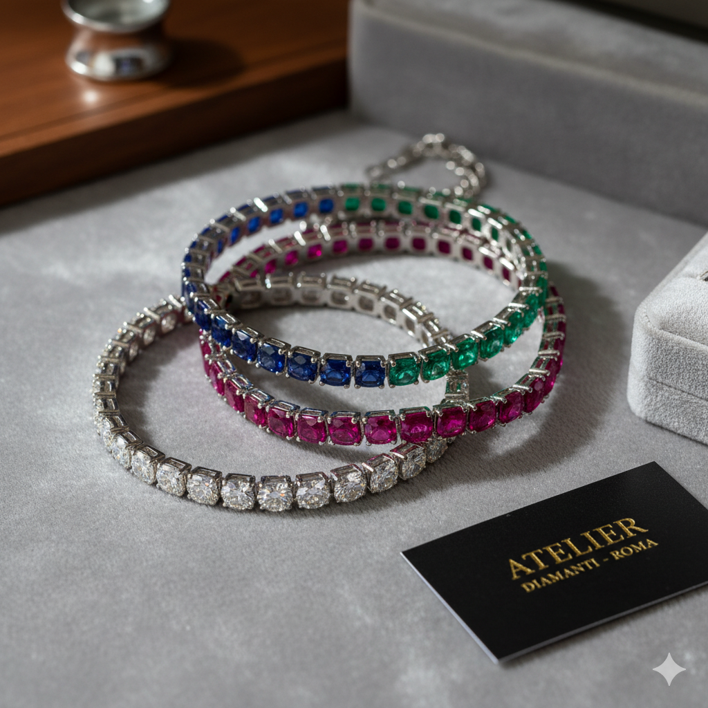 Bracciali tennis di lusso in oro bianco con diamanti, rubini rossi, zaffiri blu e smeraldi verdi su sfondo grigio, accanto a un biglietto da visita "Atelier Diamanti Roma". Gioielli certificati Atelier Diamanti a Roma.
