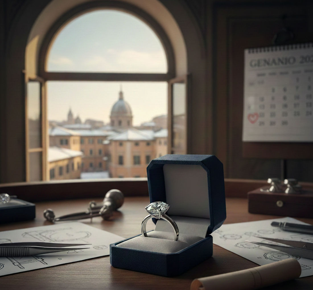 Anello solitario con diamante certificato in una custodia blu su un banco da orafo a Roma, con vista su San Pietro e un calendario di gennaio, ideale per proposta di matrimonio.