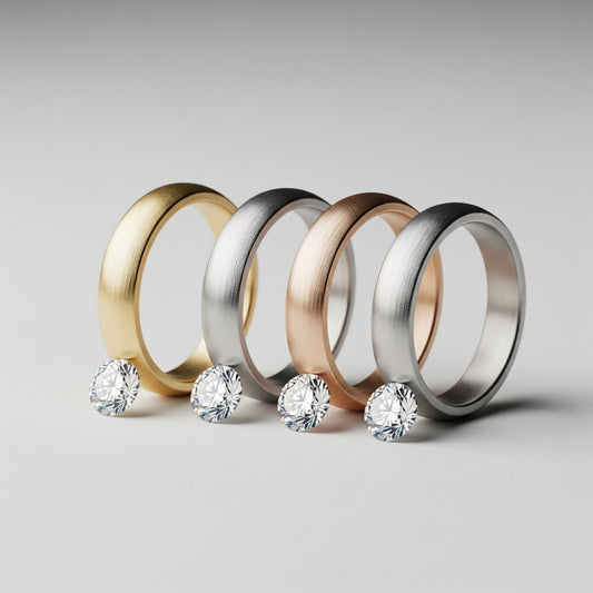  Vari campioni di metalli preziosi (oro giallo, oro bianco, oro rosa, platino) per gioielli con diamanti di Atelier Diamanti a Roma.